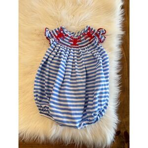 Classic Whimsy lobster smocked bubble blue stripe 9m EUC